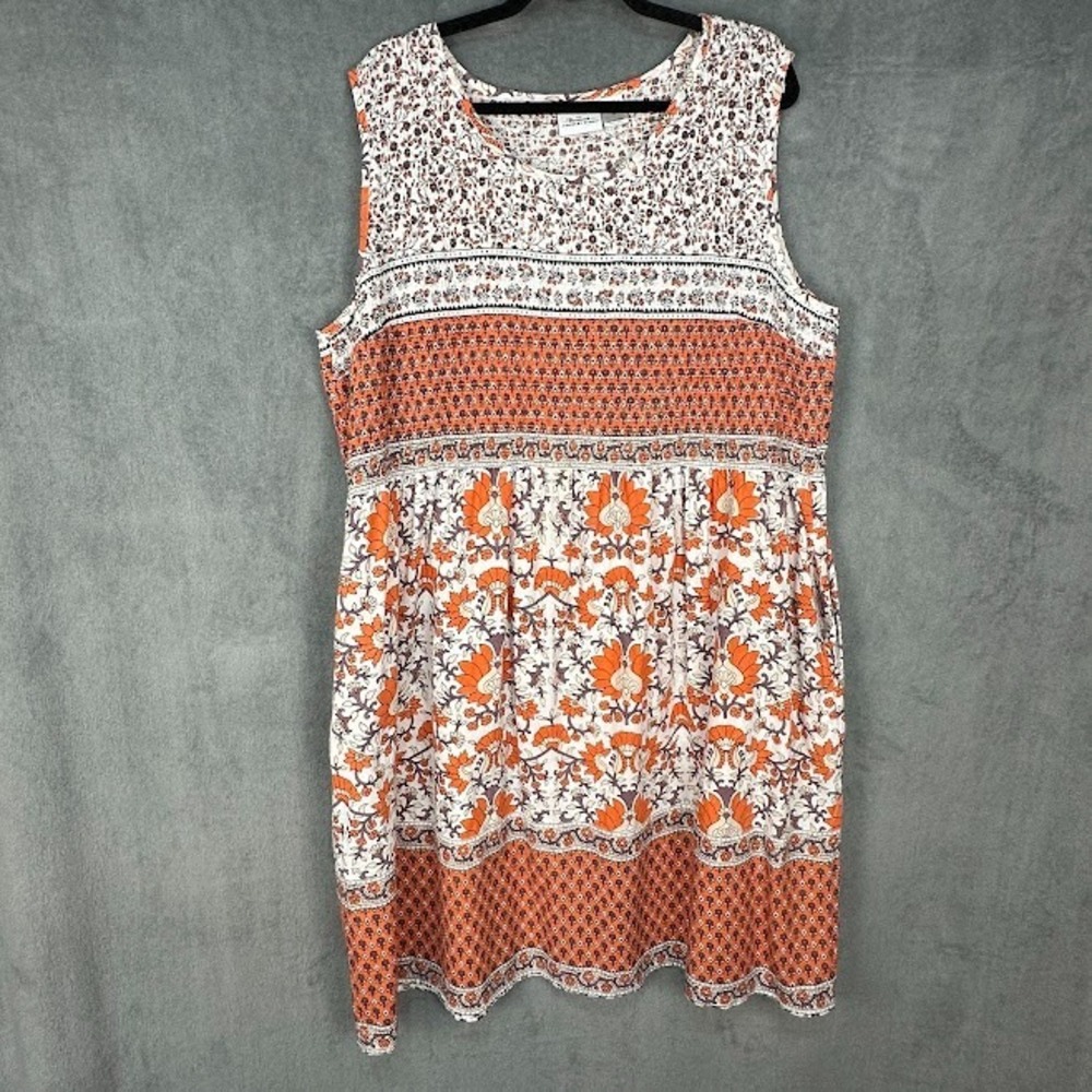 Vermont Country Store Dress 2X Orange Floral Sleeveless Smocked Pockets Cottage